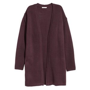 H&M Basic Ribbed Knit‎ Open Front Long Cardigan Sweater Burgundy XS S